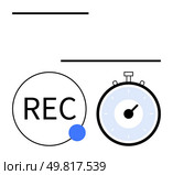 REC button with blue dot, classic stopwatch with ticking hand, black horizontal lines. Ideal for productivity, media creation, time tracking, recording sessions, punctuality, video editing. Recording Button and Stopwatch Emphasizing Time Management and Media Creation. Стоковая иллюстрация, агентство Ingram Publishing / Фотобанк Лори