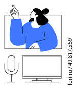 Woman raising hand while speaking on screen, accompanied by a microphone and monitor. Ideal for online meetings, webinars, virtual conferences, podcasts, digital classrooms, remote work. Virtual Presentation Setup with Speaker on Screen, Microphone, and Monitor. Стоковая иллюстрация, агентство Ingram Publishing / Фотобанк Лори