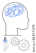 Head outline with tangled lines representing a cluttered mind, person doing yoga pose, and two gears. Ideal for mental health, stress management, mindfulness, wellness, cognitive therapy, relaxation. Mental Health Awareness Concept with Yoga and Meditation for Relaxation and Cognitive Improvement. Стоковая иллюстрация, агентство Ingram Publishing / Фотобанк Лори
