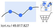 Line graph with data points representing growth trends, a shopping cart symbol, and online transaction depiction. Ideal for e-commerce, marketing, sales, finance, analytics, business strategy. E-commerce growth trends with line graph and shopping cart with online transaction. Стоковая иллюстрация, агентство Ingram Publishing / Фотобанк Лори