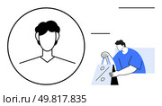 Person wearing a blue shirt holding a shopping bag featuring a percentage sign next to a profile avatar. Ideal for e-commerce, customer discounts, marketing campaigns, sales promotions, user. Profile Avatar Next to Person Holding Shopping Bag with Discount Icon. Стоковая иллюстрация, агентство Ingram Publishing / Фотобанк Лори