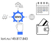 Finger pointing at WMS within a gear surrounded by warehouse, shopping cart, calendar, globe, and wallet. Ideal for logistics, inventory control, e-commerce, global trade payment systems. Warehouse Management System Workflow with Calendar, Global Access, and Payment Integration. Стоковая иллюстрация, агентство Ingram Publishing / Фотобанк Лори