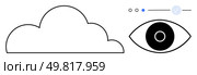 Cloud outline next to an eye icon above a loading indicator. Ideal for technology, data protection, cloud computing, internet, design projects, app integration, and user interface themes. Line. Cloud Outline with Eye Icon and Loading Indicator, Symbolizing Data Visibility and Loading Sequences. Стоковая иллюстрация, агентство Ingram Publishing / Фотобанк Лори