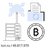 Cloud with arrows, server rack with cable, folder with document featuring sync icon, Bitcoin symbol. Ideal for cloud computing, data storage, digital currency, cryptocurrency, blockchain technology. Cloud Storage, Data Synchronization, and Bitcoin Conceptual Representation in Tech Digital Illustration. Стоковая иллюстрация, агентство Ingram Publishing / Фотобанк Лори