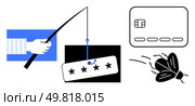 Hand holding fishing rod with password tag, credit card, and bug icons. Ideal for cybersecurity, online fraud, phishing, data security, digital threats identity theft internet scams. Line metaphor. Phishing Threat Concept with Fishing Rod, Password, Credit Card, and Bug Symbols Highlight Cybersecurity. Стоковая иллюстрация, агентство Ingram Publishing / Фотобанк Лори