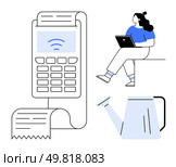 Cartoon woman using a laptop receipt printer with paper and wireless icon watering can. Ideal for business, technology, finance, workplace, e-commerce, gardening, remote work. Line metaphor. Modern Technology Utilization Depicted with Female Worker, Receipt Printer, and Watering Can. Стоковая иллюстрация, агентство Ingram Publishing / Фотобанк Лори
