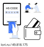Hand inserting cash into machine displaying HS code, businessmen shaking hands, wallet with credit card. Ideal for business transactions, payments, finance, agreements, shopping, commerce. Hand inserting cash into machine with HS code, businessmen shaking hands, wallet with credit card. Стоковая иллюстрация, агентство Ingram Publishing / Фотобанк Лори