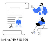 Two business professionals reviewing a signed certificate with ribbon. Man pointing and woman holding a document. Ideal for achievements, certifications, teamwork, discussions, agreements. Business professionals discussing a signed certificate with ribbon. Стоковая иллюстрация, агентство Ingram Publishing / Фотобанк Лори