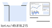 Open box next to data analytics dashboard with graphs and charts, highlighting business trends and growth. Ideal for business strategy, market analysis, logistics, data reporting, supply chain. Opened Box and Data Analytics Dashboard Illustrating Business Growth and Performance Metrics. Стоковая иллюстрация, агентство Ingram Publishing / Фотобанк Лори