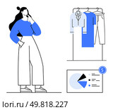 Woman contemplating wardrobe choices with three business-casual outfits on hangers, accompanied by a financial chart and dollar sign. Ideal for fashion, budgeting, decision-making, retail, shopping. Woman Contemplating Wardrobe Choices with Financial Chart Indicating Budget Implications. Стоковая иллюстрация, агентство Ingram Publishing / Фотобанк Лори