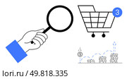 Hand holding magnifying glass, shopping cart with item notification, and increasing stacks of coins. Ideal for e-commerce, online shopping, financial growth, product search, market analysis, sales. Shopping cart with notifications next to magnifying glass and currency stacks showing financial growth. Стоковая иллюстрация, агентство Ingram Publishing / Фотобанк Лори