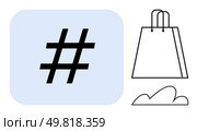 metadata tag symbol in a blue square next to a shopping bag and cloud. Ideal for social media, e-commerce, marketing, branding, online shopping, promotions, modern communication. Line metaphor. Digital Marketing - metadata tag and Shopping Bag Representing Social Media and E-Commerce. Стоковая иллюстрация, агентство Ingram Publishing / Фотобанк Лори