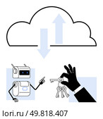 Cloud with arrows robot, hand holding keys. Ideal for cloud technology, cybersecurity, artificial intelligence, data management, digital security, remote access, key management. Line metaphor. Cloud Storage Security with AI and Data Accessibility through Key Management. Стоковая иллюстрация, агентство Ingram Publishing / Фотобанк Лори