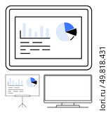 Business dashboards with bar graph, pie chart on tablet, projector screen, and computer monitor. Ideal for presentations, data analysis, business meetings, reports, corporate training marketing. Business Analytics Dashboard Displayed on Various Screens - Tablet, Projector, and Monitor. Стоковая иллюстрация, агентство Ingram Publishing / Фотобанк Лори