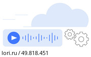 Audio playback bar with sound waves, cloud icon, and configuration gears. Ideal for cloud storage, media streaming, podcasting, online audio services, tech setups customization. Line metaphor. Cloud storage and streaming concept with audio playback and configuration settings. Стоковая иллюстрация, агентство Ingram Publishing / Фотобанк Лори
