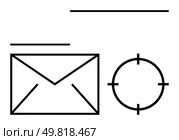 Envelope and circular target icons with two horizontal bars. Ideal for email campaigns, direct marketing, digital strategy, communication, online outreach, brand engagement, goal setting. Line. Email Marketing Concept with Envelope, Target Icon, and Horizontal Bar Elements. Стоковая иллюстрация, агентство Ingram Publishing / Фотобанк Лори