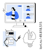Teacher live-streaming on monitor with students, robot pointing innovatively, and human brain with upward arrows. Ideal for online education, AI technology, virtual classrooms, distance learning. Online Learning with AI Teacher on Screen, Students, Robot and Human Mind with Arrows. Стоковая иллюстрация, агентство Ingram Publishing / Фотобанк Лори