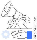 Hands holding megaphone with sound waves, blue gear, and hand gesture. Ideal for teamwork, collaboration, communication, coordination, interaction technology integration business strategy. Line. Person Holding Megaphone with Gear and Hand Icons Representing Communication and Collaboration. Стоковая иллюстрация, агентство Ingram Publishing / Фотобанк Лори