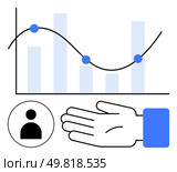 Hand gesturing at bar and line graph with three data points. User icon represents people or users. Ideal for business growth, data analysis, marketing, user engagement, presentation, finance. Hand Gesturing Towards Bar and Line Graph with User Icon. Стоковая иллюстрация, агентство Ingram Publishing / Фотобанк Лори