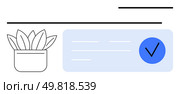 Plant in pot, document with checkmark indicating verification. Ideal for authentication, eco-friendly, online approvals, sustainability, documentation, modern design technology. Line metaphor. Digital document verification with potted plant indicating environment-conscious concept. Стоковая иллюстрация, агентство Ingram Publishing / Фотобанк Лори