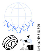Globe with five stars, dollar coin symbol, person working on laptop. Ideal for financial consulting, global business, online services, quality rating, remote work, customer service digital economy. Global Financial Consulting and Online Business Management with Exceptional Service Quality. Стоковая иллюстрация, агентство Ingram Publishing / Фотобанк Лори