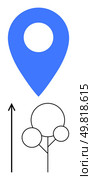 Blue location pin above line-drawn trees and an arrow. Ideal for travel, navigation, mapping, exploration, environment, guidance, adventure. Line metaphor. Navigational Path with Geometric Nature Elements and Directional Pointer. Стоковая иллюстрация, агентство Ingram Publishing / Фотобанк Лори