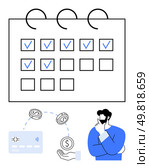 Man thinking about financial planning with calendar marked with checks, payment card, and currency coins. Ideal for financial planning, budgeting, time management, goal setting, personal finance. Man Contemplating Financial Planning with Calendar and Payment Icons in Minimalist Style. Стоковая иллюстрация, агентство Ingram Publishing / Фотобанк Лори
