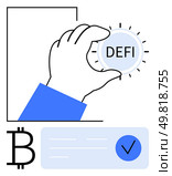 Hand holding a DeFi coin, Bitcoin symbol, blue checkmark in a box. Ideal for blockchain, cryptocurrencies, finance, technology, investment DeFi systems digital economy. Line metaphor. Hand Holding DeFi Coin and Bitcoin Symbol Represents Digital Finance and Blockchain Technology. Стоковая иллюстрация, агентство Ingram Publishing / Фотобанк Лори