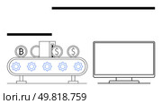 Conveyor belt with gears and currency icons next to a computer screen. Ideal for finance, technology, automation, cryptocurrency, digital economy, industrial process, online banking. Line metaphor. Automated Cryptocurrency and Currency Manufacturing Process with Conveyor Belt and Computer Screen. Стоковая иллюстрация, агентство Ingram Publishing / Фотобанк Лори