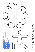 Brain icon at the top, coins falling to the left, stick figure running below. Ideal for education, finance, health, fitness, motivation success productivity. Line metaphor. Brain, falling coins, and stick figure running to depict mental agility, financial growth, and physical activity. Стоковая иллюстрация, агентство Ingram Publishing / Фотобанк Лори