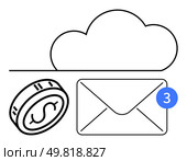 Cloud icon, coin with dollar sign, envelope with notification badge. Ideal for finance apps, email services, cloud storage, digital alerts, business communication, online banking productivity tools. Cloud Storage with Financial Notifications and Email Alerts for Efficient Business Communication. Стоковая иллюстрация, агентство Ingram Publishing / Фотобанк Лори