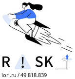 Woman riding a rocket, dodging risks, charting course upwards. Ideal for business success, innovation, risk management, breakthrough, leadership start-ups motivation. Line metaphor. Woman riding rocket, overcoming risks, and navigating challenges towards upward success. Стоковая иллюстрация, агентство Ingram Publishing / Фотобанк Лори