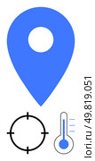 Blue pin indicating location, black target symbol for precision, thermometer measuring temperature. Ideal for navigation, climate setting, geolocation services, weather updates, travel apps. Blue map pin icon with black target symbol and thermometer graphic indicating temperature measurement. Стоковая иллюстрация, агентство Ingram Publishing / Фотобанк Лори