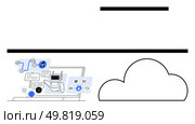 Laptop displaying AI-driven data management system, speech bubbles, icons, and cloud symbol. Ideal for IT solutions, AI integration, cloud services, data management, digital transformation. Cloud Computing and AI Integration in Data Management Systems for Enhanced Performance. Стоковая иллюстрация, агентство Ingram Publishing / Фотобанк Лори