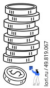 Woman holding a blue document beside a stack of coins, with one coin featuring a dollar sign. Ideal for financial planning, investment strategies, business growth, economic stability, savings. Woman Holding a Document Next to Tall Stack of Coins Representing Financial Growth. Стоковая иллюстрация, агентство Ingram Publishing / Фотобанк Лори