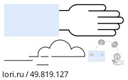 Hand, credit card, coins, and cloud in a minimalist design representing digital transactions, financial technology, and cloud storage. Ideal for finance, banking, cloud computing technology. Hand, Credit Card, Coins and Cloud Representing Digital Transactions and Cloud Storage. Стоковая иллюстрация, агентство Ingram Publishing / Фотобанк Лори