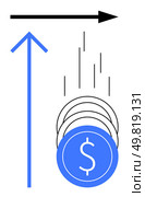 Blue upward arrow, black forward arrow, and stacked blue dollar coins with vertical lines. Ideal for economics, finance, investments, business trends, currency value, economic forecasting financial. Economic growth and upward financial momentum represented by blue arrow and dollar coins. Стоковая иллюстрация, агентство Ingram Publishing / Фотобанк Лори
