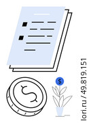 Stack of documents with checklists, large coin with dollar sign, and plant with dollar sign growth. Ideal for financial reports, investment strategies, economic planning, business growth, budgeting. Financial Growth Documents with Coin and Investment Plant Illustrating Economic Development. Стоковая иллюстрация, агентство Ingram Publishing / Фотобанк Лори