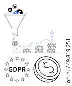 Data funnel processing user information into money, stacked coins symbols growth, GDPR compliance elements. Ideal for business analytics, data privacy, marketing ROI, financial growth, legal. Data processing funnel transforming user data into revenue, emphasizing GDPR compliance and growth. Стоковая иллюстрация, агентство Ingram Publishing / Фотобанк Лори