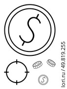 Currency symbol inside a circle, target icon, and three coins. Ideal for finance, budgeting, investment, financial goals, accuracy precision and economy. Line metaphor. Simplistic Icons of Currency Symbols, Target and Coins Representing Finance and Precision. Стоковая иллюстрация, агентство Ingram Publishing / Фотобанк Лори