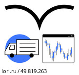 Delivery truck, stock market fluctuation window with blue bars, growth arrow. Ideal for logistics, transportation, stock market analysis, financial growth, business strategy, economic trends trade. Logistics delivery truck, stock market fluctuation window, and growth arrow highlighting trends. Стоковая иллюстрация, агентство Ingram Publishing / Фотобанк Лори