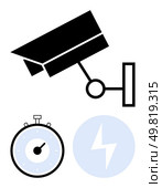 Surveillance camera stopwatch and lightning bolt icon. Ideal for security, time management, energy efficiency, safety, urgency, monitoring, reliability. Line metaphor. Surveillance Camera, Stopwatch, and Lightning Bolt Icon Representing Security, Timeliness, and Energy. Стоковая иллюстрация, агентство Ingram Publishing / Фотобанк Лори