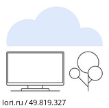 Computer monitor beneath a large cloud with simple tree design suggesting online data storage and environmental consciousness. Ideal for tech, environment, cloud storage, data security, IT. Cloud Computing Concept with Monitor and Simplified Tree Representing Online Storage and Environment. Стоковая иллюстрация, агентство Ingram Publishing / Фотобанк Лори