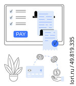 Payment screen with transaction list, receipt printout, pay button. Plant, card, hand with money, and coins. Ideal for e-commerce, fintech online transactions digital banking financial services. Digital Payment Process Online Bill Payment, Card Transactions, Secure Financial Exchange. Стоковая иллюстрация, агентство Ingram Publishing / Фотобанк Лори