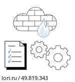 Cloud firewall symbol with flame, checklist with checkmarks, and two cogwheels representing network security, efficiency, and system optimization. Ideal for IT, cybersecurity, cloud services, system. Network Firewall Security with Cloud Protection and System Checklists for Efficient Operations. Стоковая иллюстрация, агентство Ingram Publishing / Фотобанк Лори