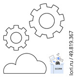 Two interlocking gears above a cloud with a box containing various digital icons labeled SCORM. Ideal for technology, cloud computing, digital learning, software integration, IT infrastructure. Cloud Computing Concept with Gears and Icons Representing Different Types of Digital Content. Стоковая иллюстрация, агентство Ingram Publishing / Фотобанк Лори