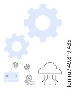 Gears symbolizing automation, a cloud with circuitry representing cloud computing, and a hand exchanging money with a credit card for fintech innovation. Ideal for technology, fintech, automation. Integration of Cloud Computing with Fintech and Automation Tools Featuring Gears and Money Icons. Стоковая иллюстрация, агентство Ingram Publishing / Фотобанк Лори