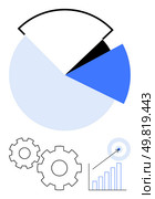 Modern infographic with pie chart, gears, bar graph, and target arrow, showcasing data analysis, strategy, and productivity. Ideal for business reports, presentations marketing finance education. Visual Representation of Business Analytics with Pie Chart, Target Arrow, Bar Graph, and Gears. Стоковая иллюстрация, агентство Ingram Publishing / Фотобанк Лори