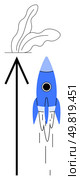 Blue rocket blasting off with wisps of smoke next to a large black arrow pointing upwards. Ideal for startups, growth, progress, innovation, success, future planning, motivation. Line metaphor. Blue rocket ship launching upwards beside a large black arrow and wisps of smoke. Стоковая иллюстрация, агентство Ingram Publishing / Фотобанк Лори