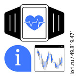 Smartwatch with heart rate display, an information icon, and a fluctuating stock market graph window. Ideal for fitness tracking, health monitoring, information dissemination, stock market analysis. Smartwatch displaying heart rate monitor, information icon, and fluctuating stock market graph window. Стоковая иллюстрация, агентство Ingram Publishing / Фотобанк Лори